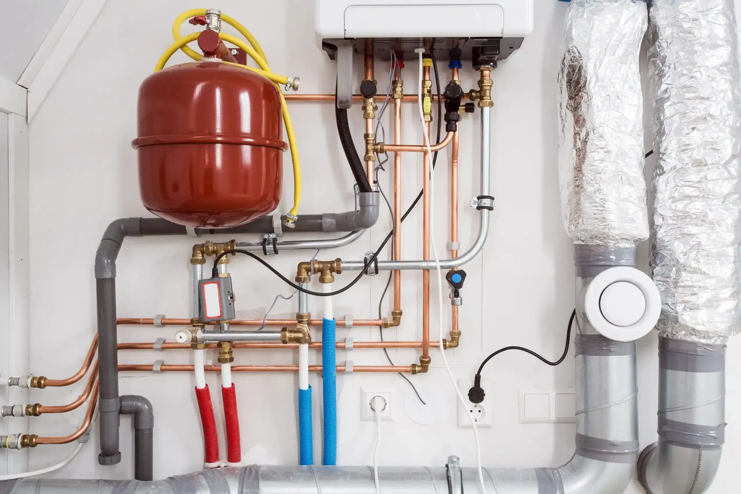 Wall-mounted boiler with an expansion tank, copper pipework and ventilation ducts.